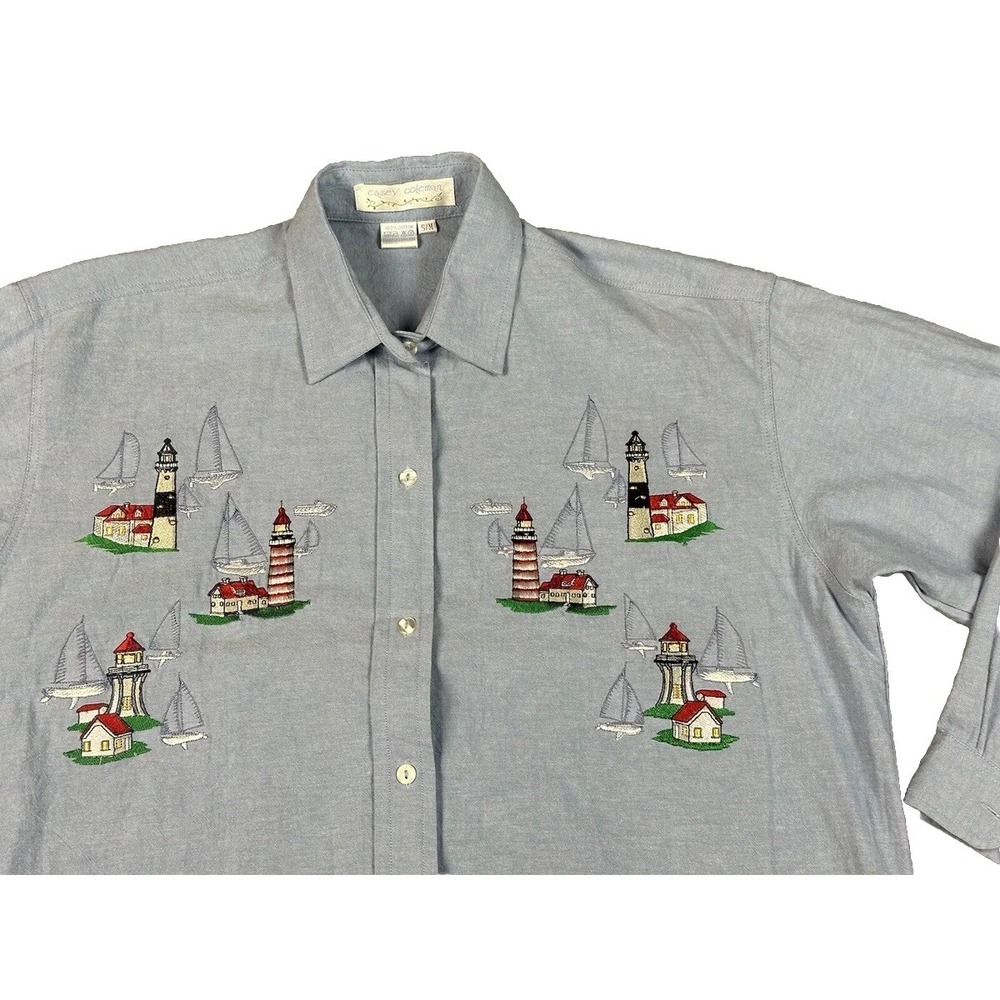 Vtg Casey Coleman Button Down Shirt Small Lighthouses Sailboats Cottage Nautical